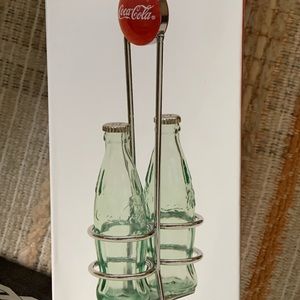 Coca-Cola salt & Pepper Shakers with Silver Caddy